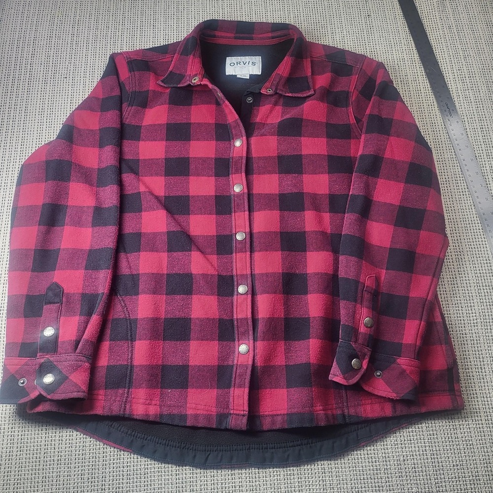 Orvis Jacket Mens Medium Red Plaid Flannel Snap Front Lined Bomber Outdoor